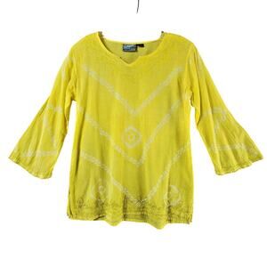 India Boutique Tie-Dye Blouse Women One Size Bright Yellow Embroidered Hem